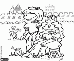 desenho de Príncipe e princesa e muralhas de defesa para colorir