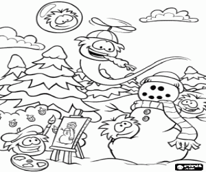 desenho de Os Puffles e o boneco de neve para colorir
