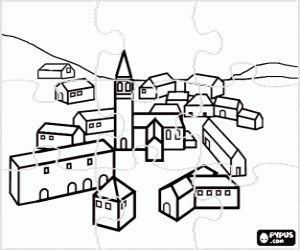 desenho de Puzzle da aldeia com uma torre de sino para colorir