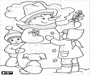 desenho de Puzzle de boneco de neve com crianças para colorir
