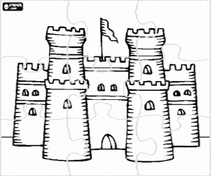 desenho de Puzzle de um castelo com bandeira para colorir