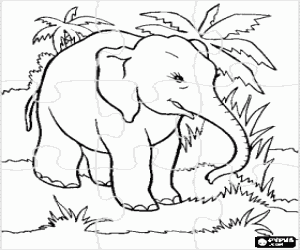 desenho de Puzzle de elefante na floresta para colorir