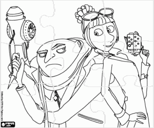 desenho de Puzzle de Gru e Lucy em ação para colorir