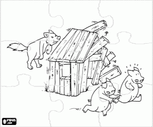 desenho de Puzzle de lobo e pequena casa de madeira para colorir