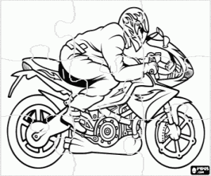 desenho de Puzzle de uma motocicleta com piloto para colorir