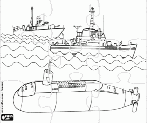 desenho de Puzzle de navios militares e submarino para colorir