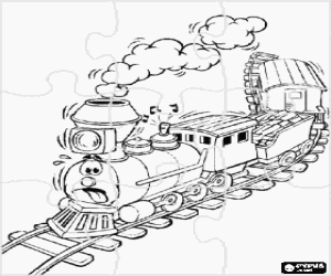 desenho de Puzzle de trem do vapor com rosto para colorir