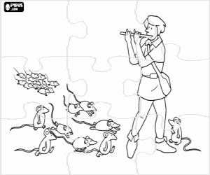 desenho de Puzzle do flautista e os ratos para colorir