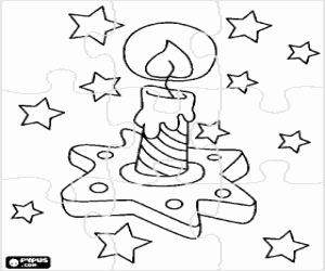 desenho de Puzzle com vela de Natal e estrelas para colorir