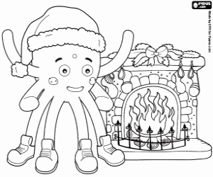 desenho de Pypus e uma lareira de Natal para colorir