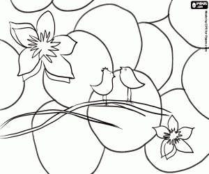 desenho de Pássaros e flores na primavera para colorir