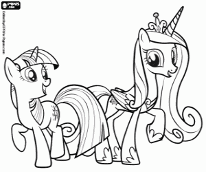 desenho de Os pôneis unicórnio Twilight e Cadance para colorir