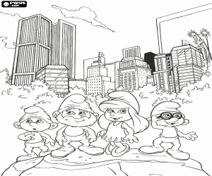 desenho de Quatro Smurfs em Nova York para colorir