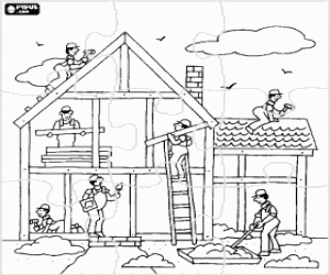 desenho de Quebra-cabeça da construção de uma casa para colorir