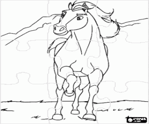 desenho de Quebra-cabeça de cavalo na paisagem para colorir
