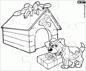 desenho de Quebra-cabeça de um cão com um presente de Natal para colorir