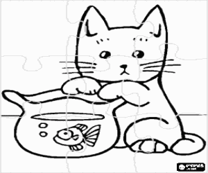 desenho de Quebra-cabeça de um gato e um aquário para colorir