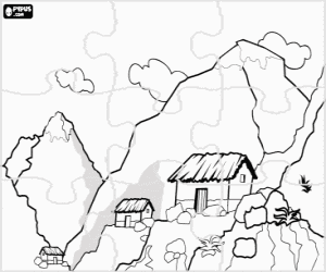 desenho de Quebra-cabeça de paisagem com picos para colorir
