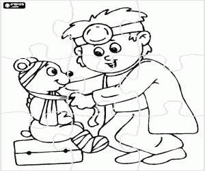desenho de Quebra-cabeça do veterinário com um urso para colorir