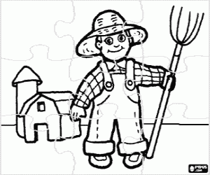 desenho de Quebra-cabeça dum agricultor e a fazenda para colorir