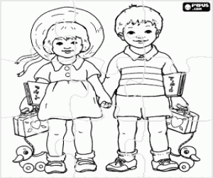 desenho de Quebra-cabeça com um menino e uma menina para colorir
