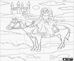 desenho de Quebra-cabeça com uma princesa a cavalo para colorir