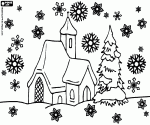desenho de Queda de neve sobre a igreja no Natal para colorir