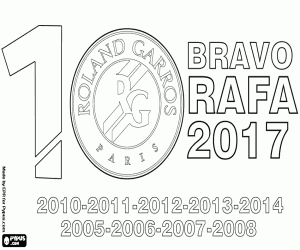 desenho de Rafa Nadal, 10 títulos de Roland Garros para colorir