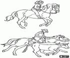 Duas imagens equestres - Cavaleiro novo andando de cavalo e cowboy num cabalo atirando o laço
