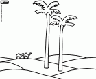 Palmeiras nas dunas do deserto com camelos na distância