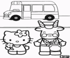 Hello Kitty e o condutor ou motorista de ônibus escolar de pé na frente do veículo