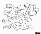 Diversas guloseimas - Doce, paus doces e um pedaço de bolo