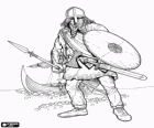 Viking ou viquingue desembarcando do seu navio totalmente armado e com o escudo e lança na mão