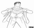 Clark Kent se tornando Superman com seu uniforme azul e vermelho para lutar pela justiça