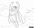 Superman voando para o céu com os pássaros, com os punhos fechados e com o seu casaco