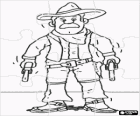 Puzzle de cowboy armado ou pistoleiro com dois revólveres pronto para um duelo