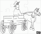 Puzzle de fazendeiro com uma carruagem ou carroça com cavalo. Quebra-cabeça de Transportes