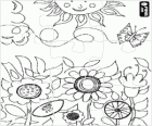 Puzzle de flores no campo com uma borboleta voando eo sol no topo