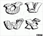 Puzzle de letras U, V, W e X com desenhos engraçados