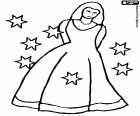 Princesa com um vestido longo e cercada por estrelas