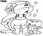 Gato e rato com trajes do Natal que cantam canções de Natal