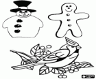Decorações de Natal: snowman, biscoito em forma de homem e ave sobre um ramo