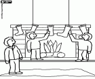 Família decorando a lareira com as meias durante as férias de Natal