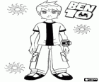 Ben 10 e o Omnitrix, com três sóis e o logo de Ben 10 