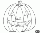 Grande abóbora de Halloween com um rosto esculpido e uma vela acesa dentro ou Jack-o'-lantern