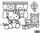 Hello Kitty bebendo com um copo na frente da janela com seu ursinho de pelúcia Tiny Chum