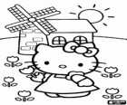 Hello Kitty leva papoilas enquanto passeia moinho um passado no campo