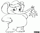 Elefante com um chapéu de Papai Noel e uma árvore de Natal no tubo