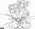 Bob Esponja em sua cueca, cercado por água-viva