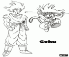 Goku criança pulando e Goku adulto, um ser humano com cauda de macaco